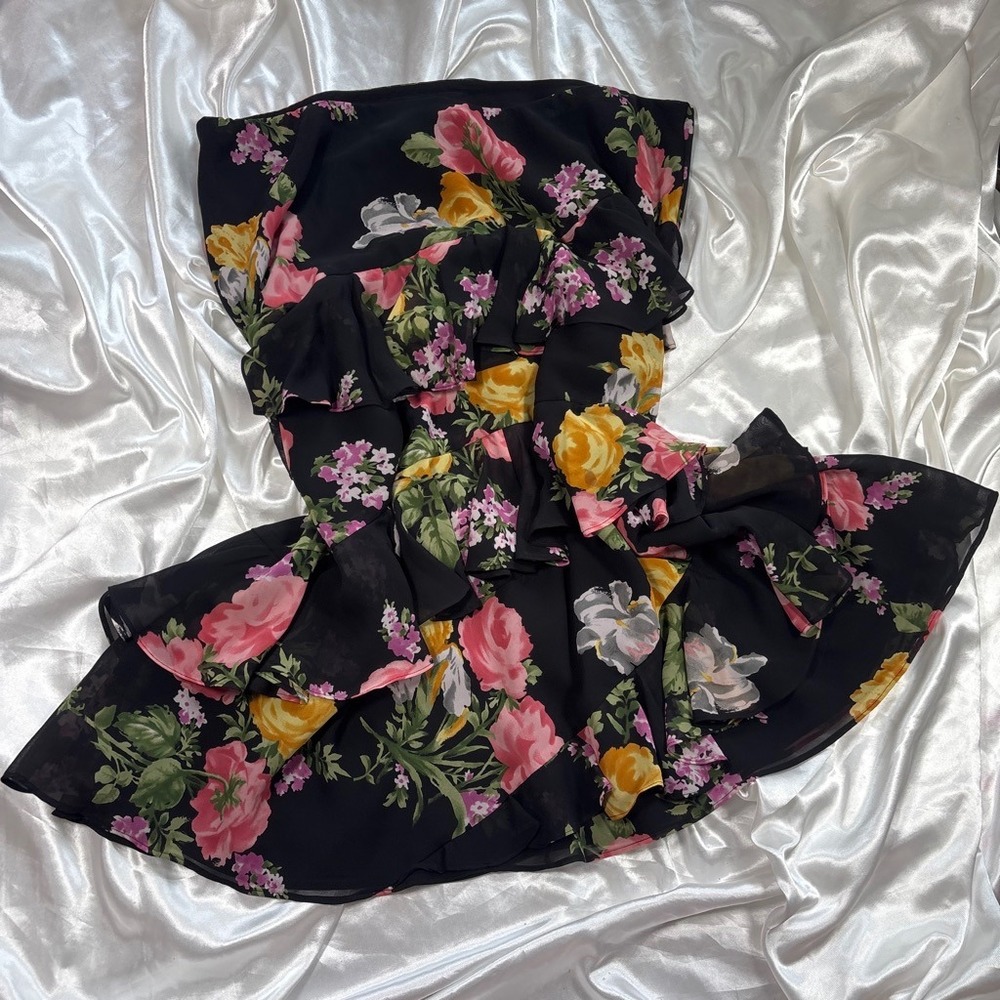 y2k Chaps midi skirt Black Excellent Floral Tiered Chiffon L